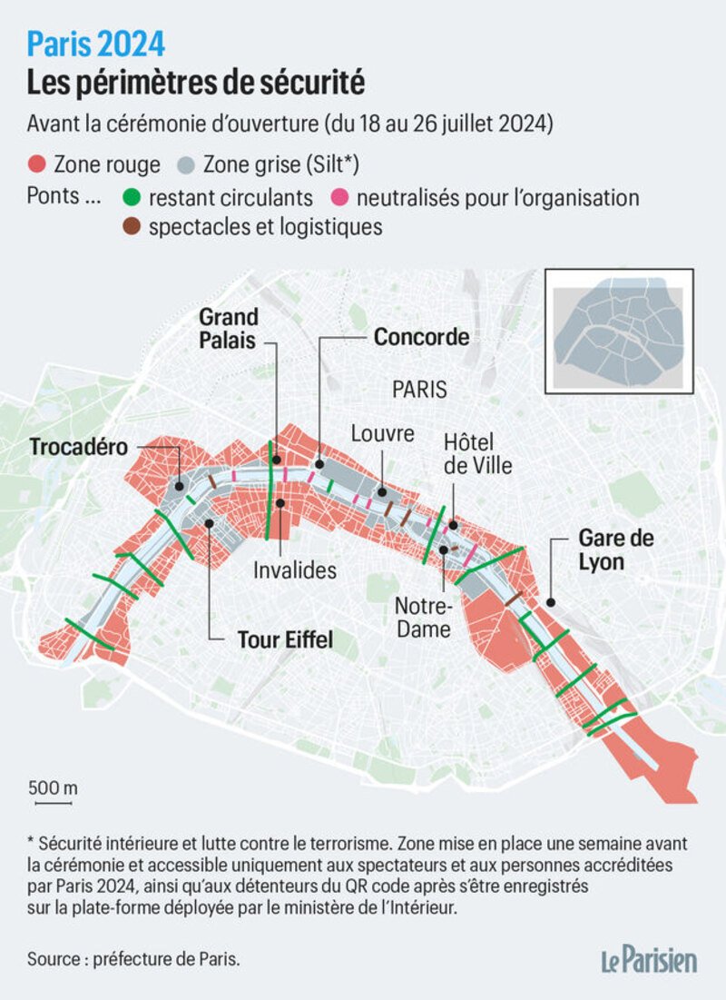 Carte montrant les périmetres de sécurité des JOP Paris 2024