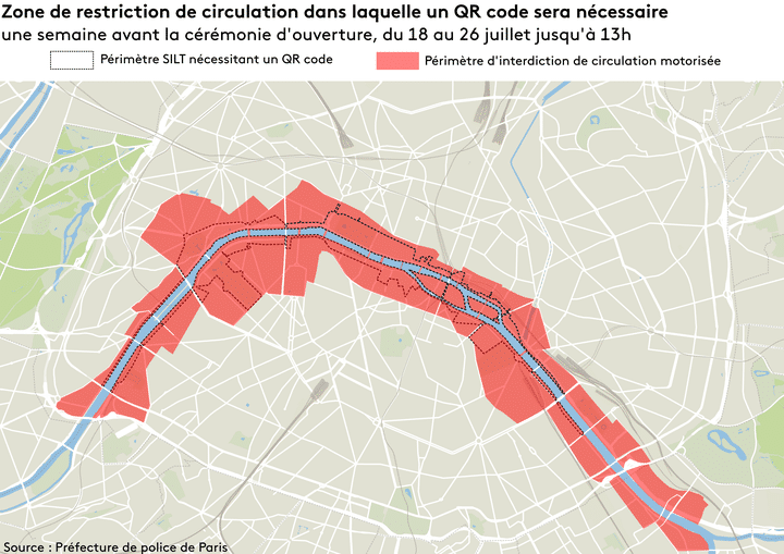 Carte de la zone de restriction de circulation dans laquelle le QR Code sera nécessaire.
